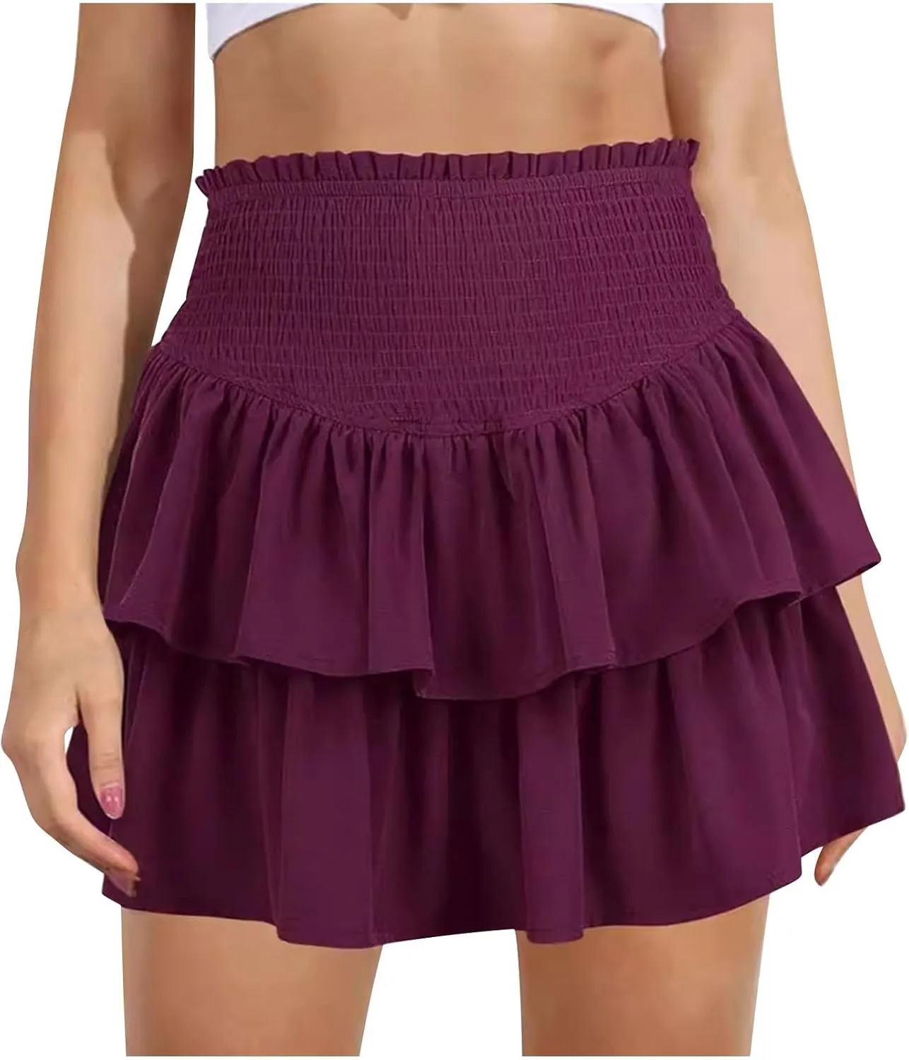 Women's Mini Skirt Elastic High Waist Pleated Skirt Double Layered Ruffle Short Skirt Cute Tiered Sports Skirt