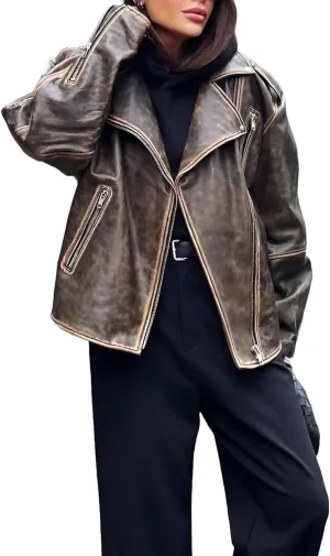 Women's Oversized Baggy Style Loose-Fitting Distressed Brown Warm Leather Jacket Outerwear