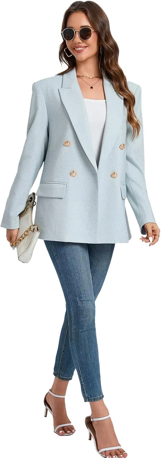 Women's Oversized Tweed Blazer - Double Breasted Casual Business Jacket, Long Sleeve, Lightweight, Lined, Trendy Office Wear
