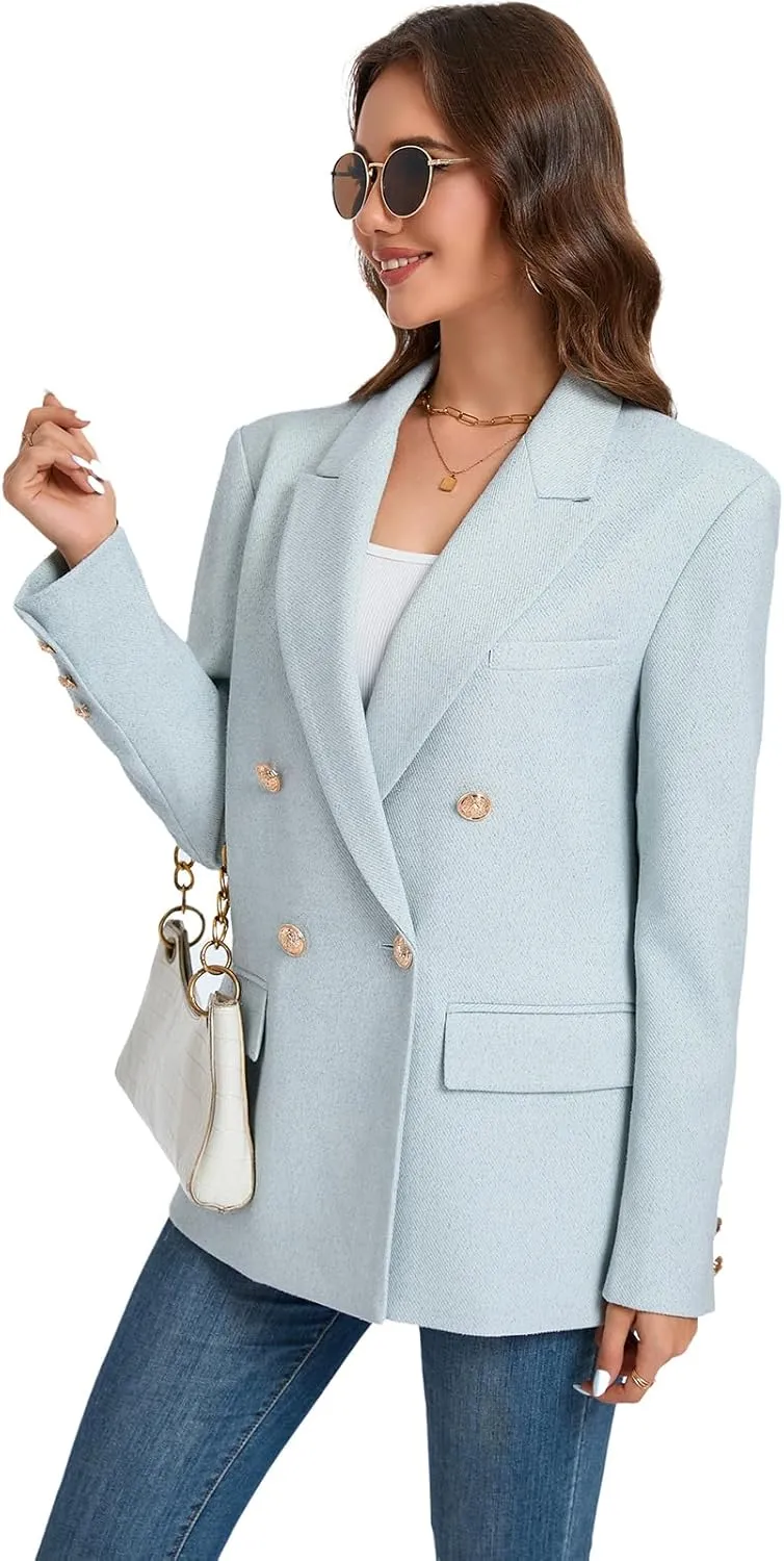 Women's Oversized Tweed Blazer - Double Breasted Casual Business Jacket, Long Sleeve, Lightweight, Lined, Trendy Office Wear