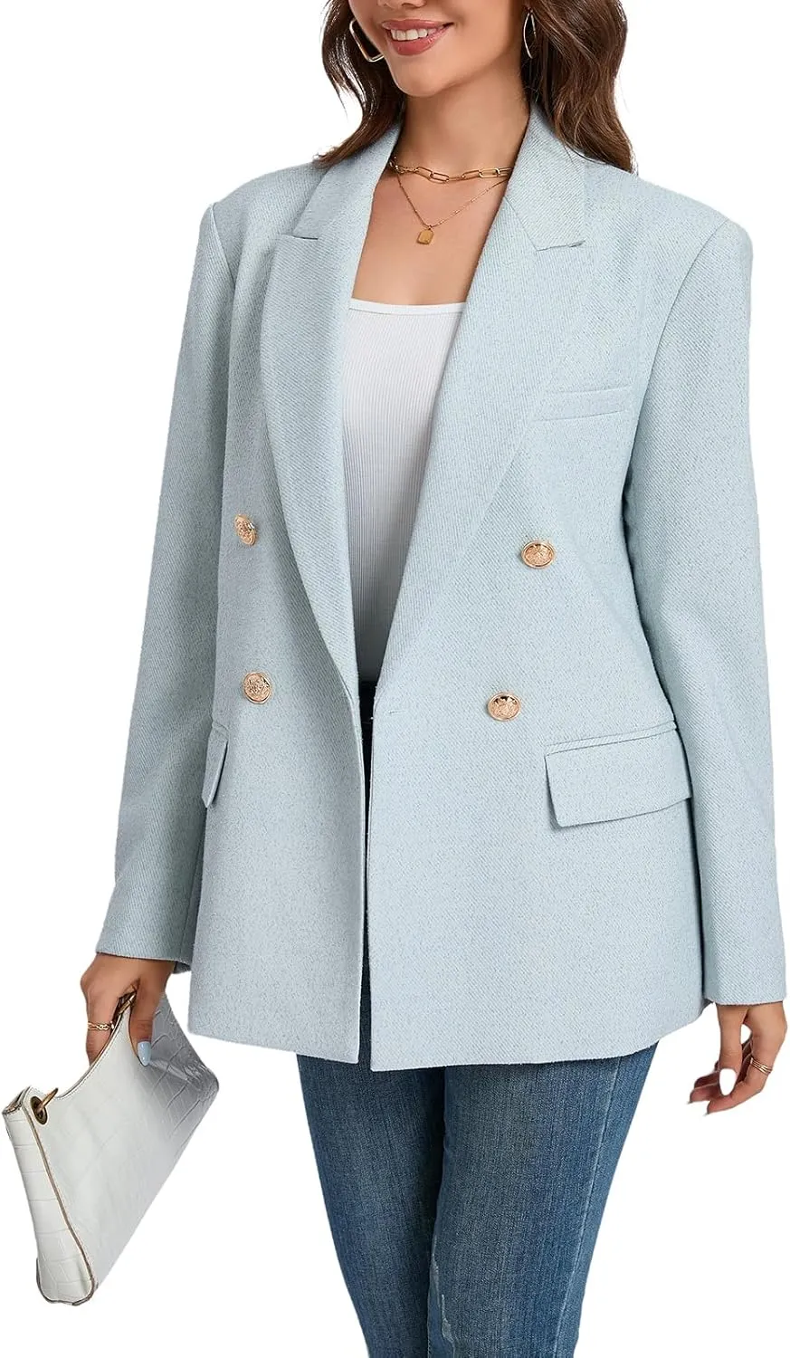 Women's Oversized Tweed Blazer - Double Breasted Casual Business Jacket, Long Sleeve, Lightweight, Lined, Trendy Office Wear