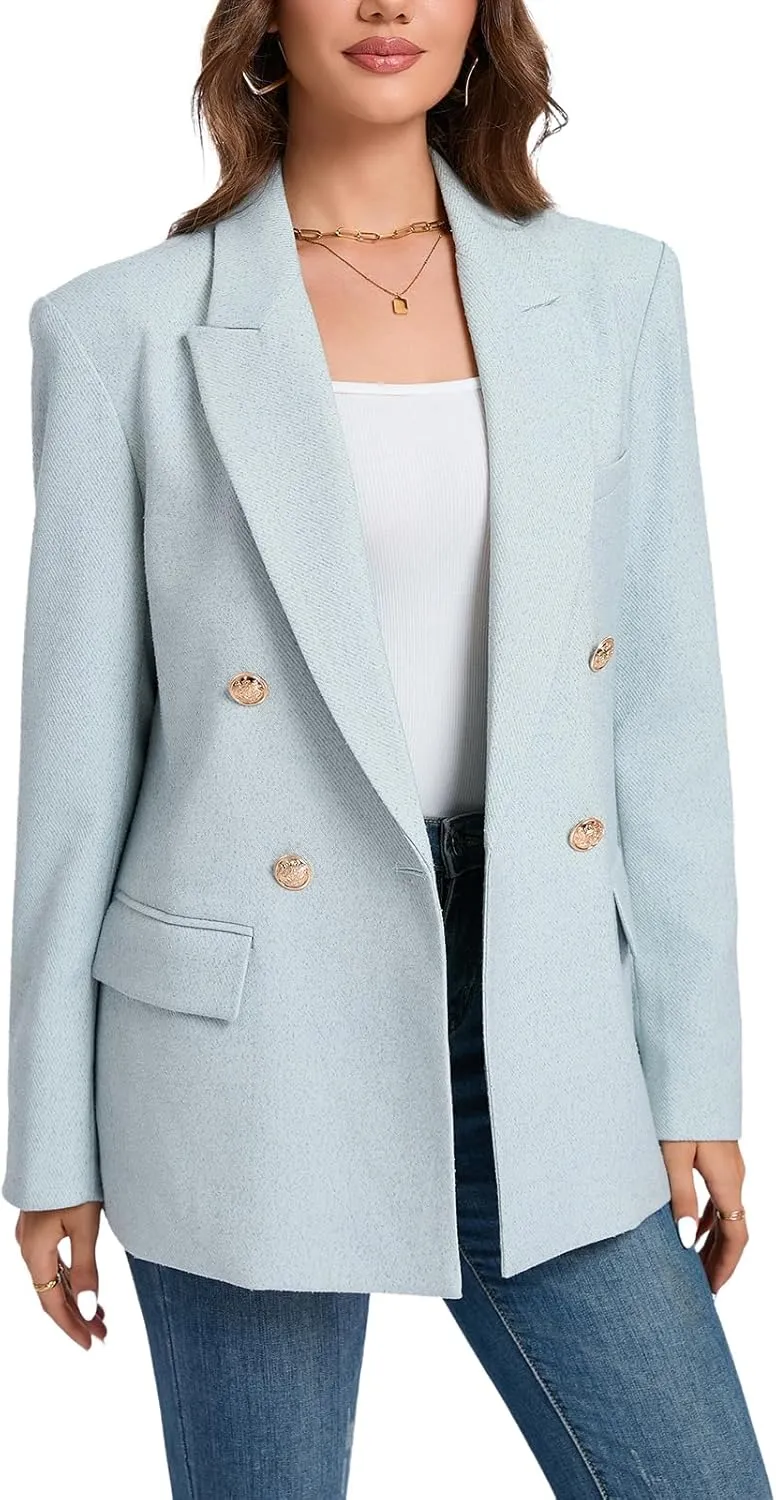 Women's Oversized Tweed Blazer - Double Breasted Casual Business Jacket, Long Sleeve, Lightweight, Lined, Trendy Office Wear