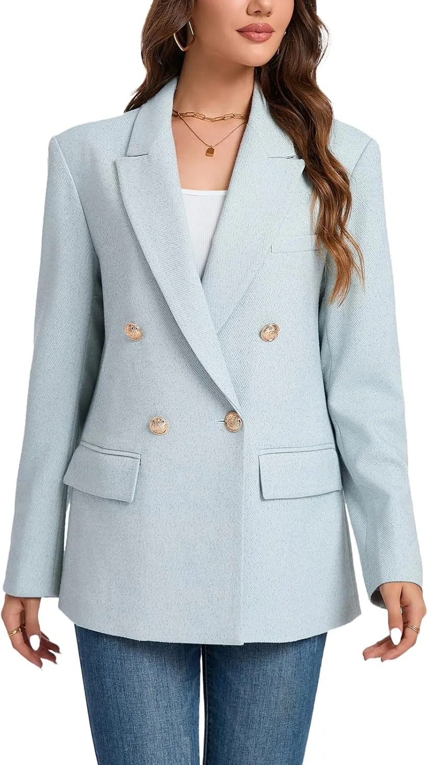 Women's Oversized Tweed Blazer - Double Breasted Casual Business Jacket, Long Sleeve, Lightweight, Lined, Trendy Office Wear