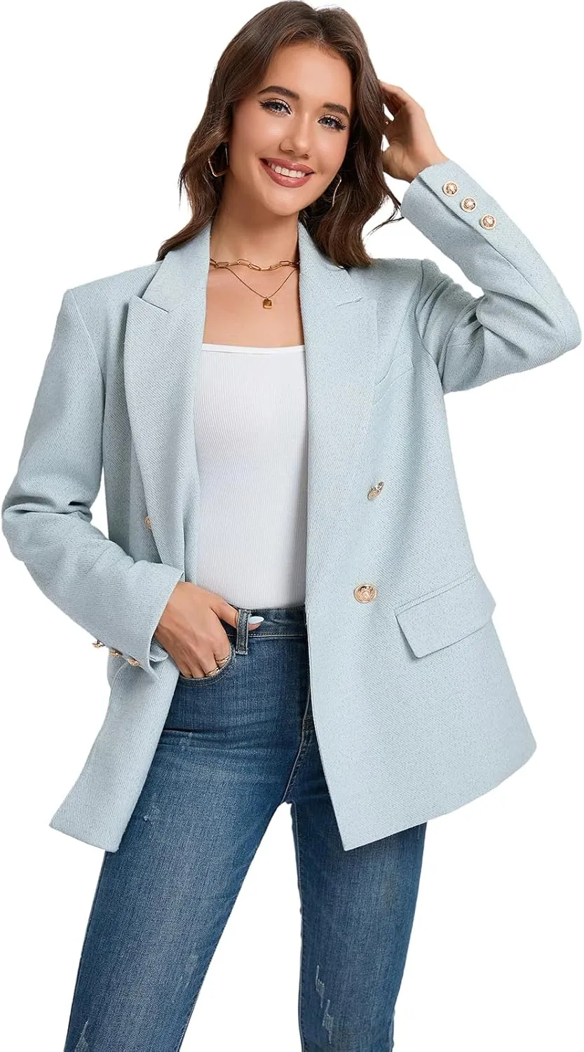 Women's Oversized Tweed Blazer - Double Breasted Casual Business Jacket, Long Sleeve, Lightweight, Lined, Trendy Office Wear