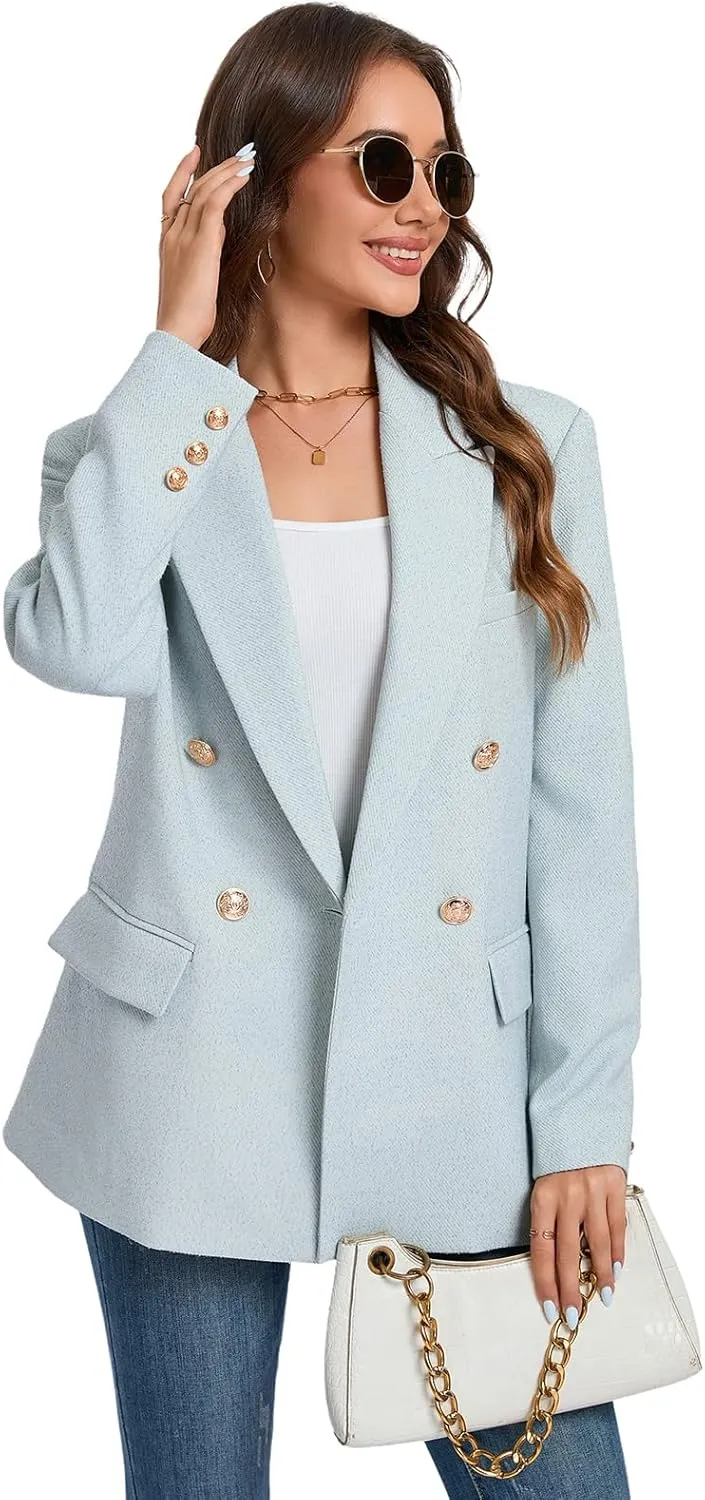 Women's Oversized Tweed Blazer - Double Breasted Casual Business Jacket, Long Sleeve, Lightweight, Lined, Trendy Office Wear