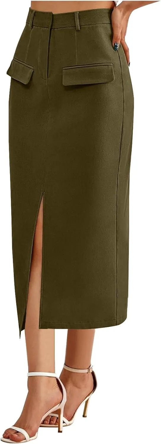 Women's Pencil Skirts Mid Long High Waist A line Midi Skirt Split Hem Skirts for Ladies Office Business Work Dress