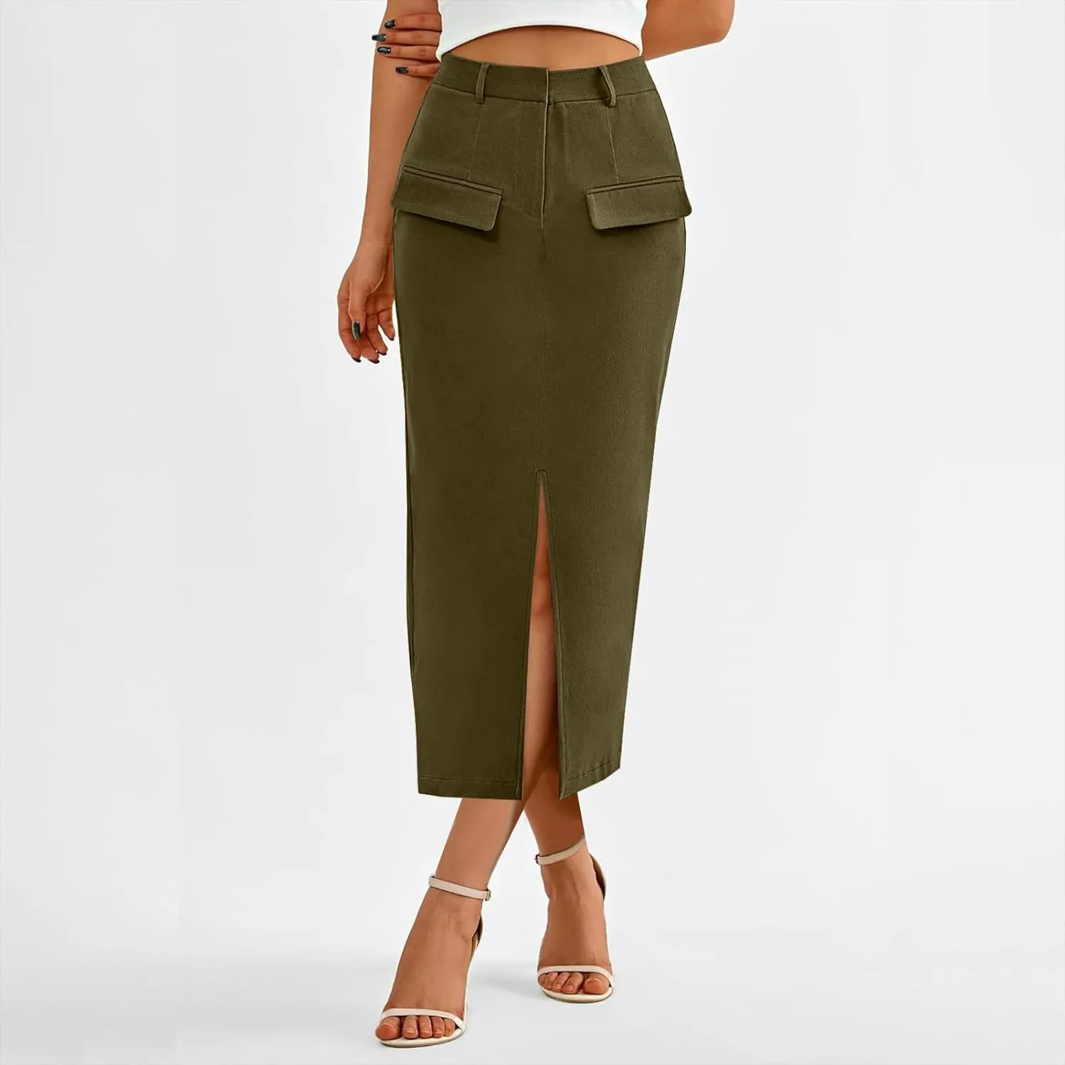 Women's Pencil Skirts Mid Long High Waist A line Midi Skirt Split Hem Skirts for Ladies Office Business Work Dress