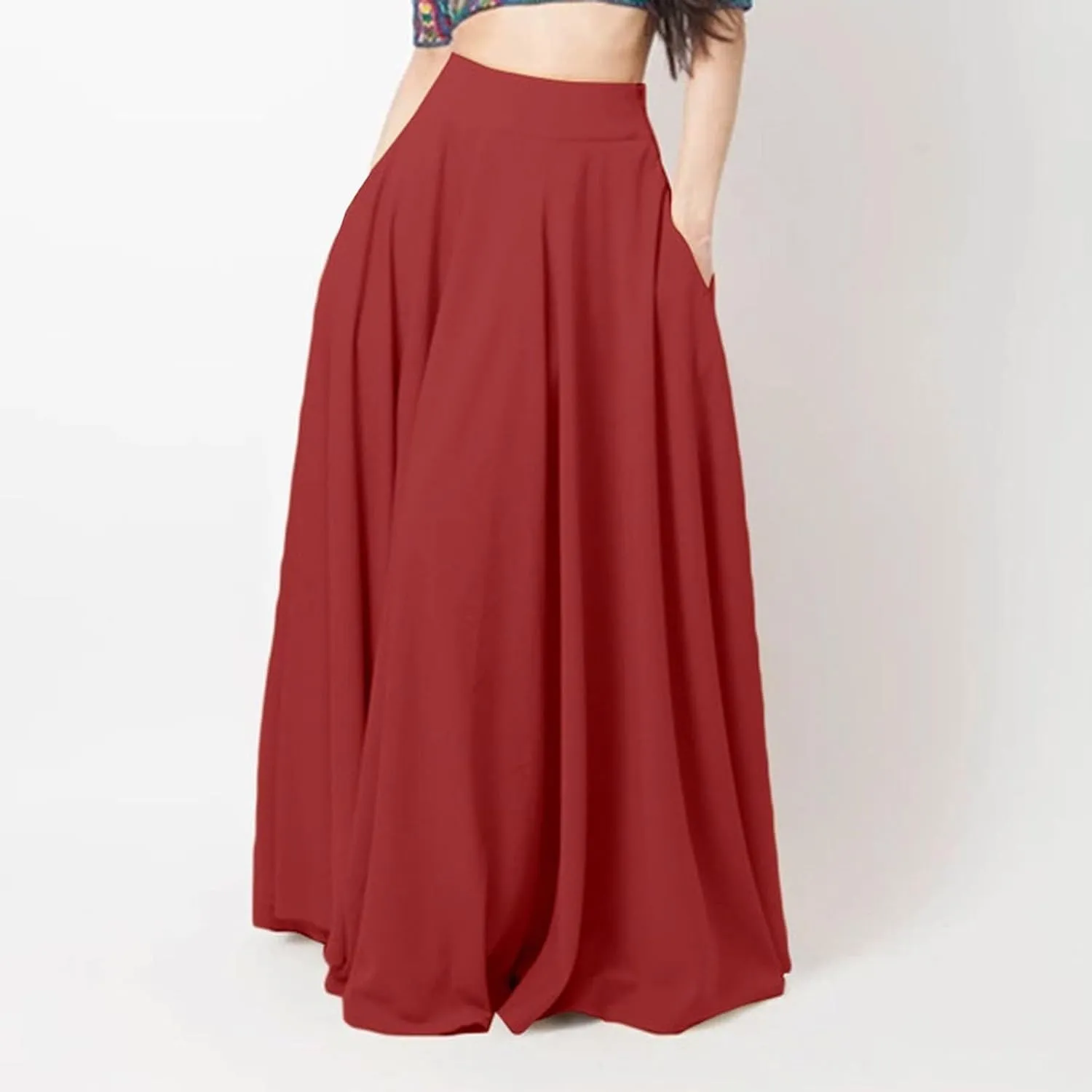 Womens Pleated Midi Skirt,High Waist Swing Boho Casual Pleated Skirt Holiday Beach Elastic A-line Long Skirts