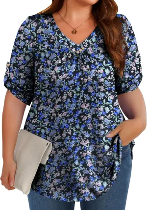 Women's Plus Size 3/4 Roll Sleeve Tops V Neck Casual Soft Blouse M-4X