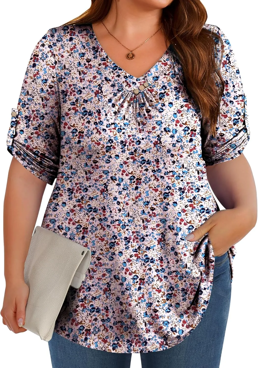 Women's Plus Size 3/4 Roll Sleeve Tops V Neck Casual Soft Blouse M-4X