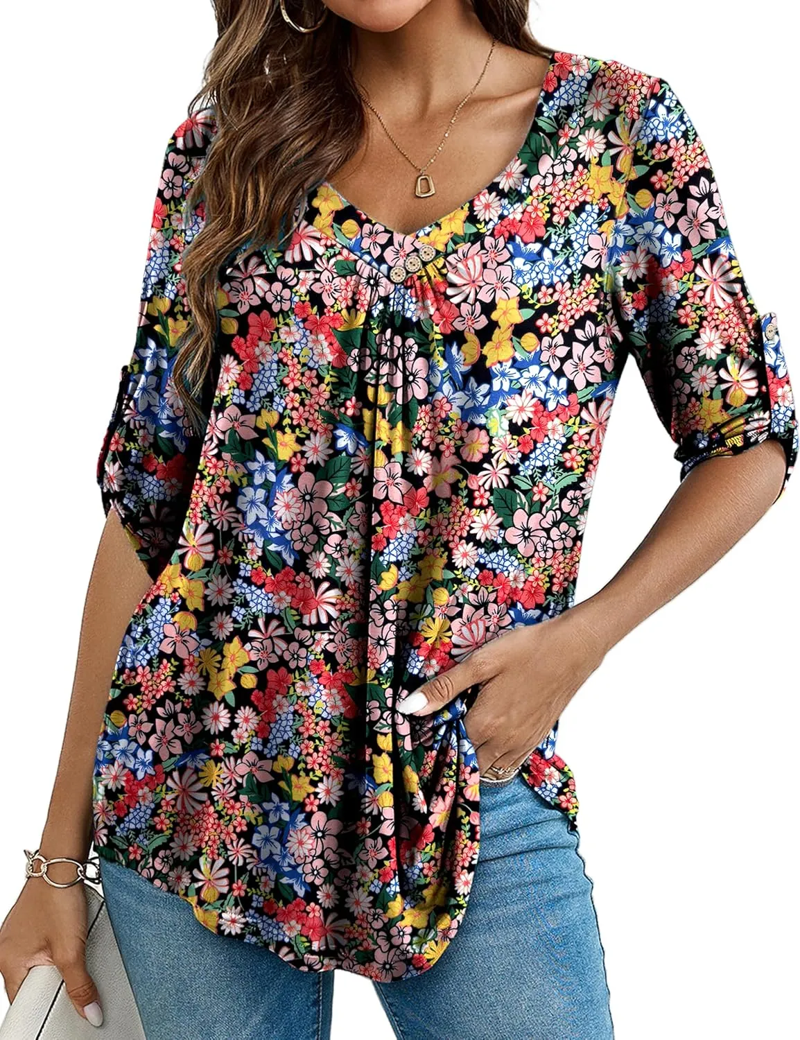 Women's Plus Size 3/4 Roll Sleeve Tops V Neck Casual Soft Blouse M-4X