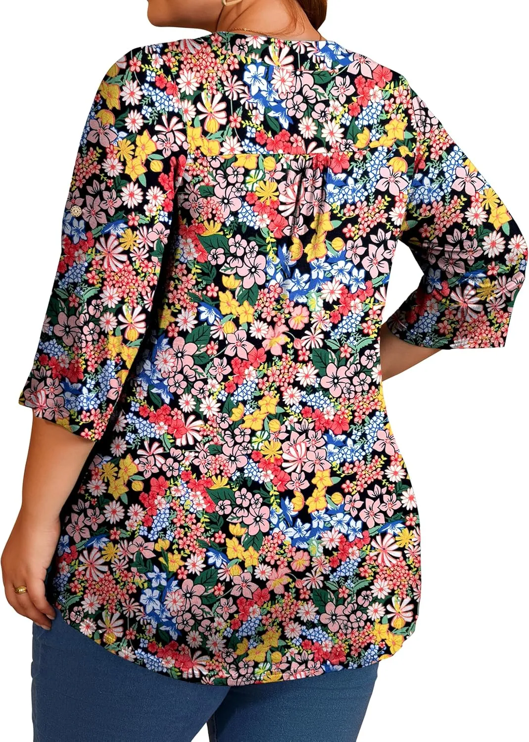 Women's Plus Size 3/4 Roll Sleeve Tops V Neck Casual Soft Blouse M-4X