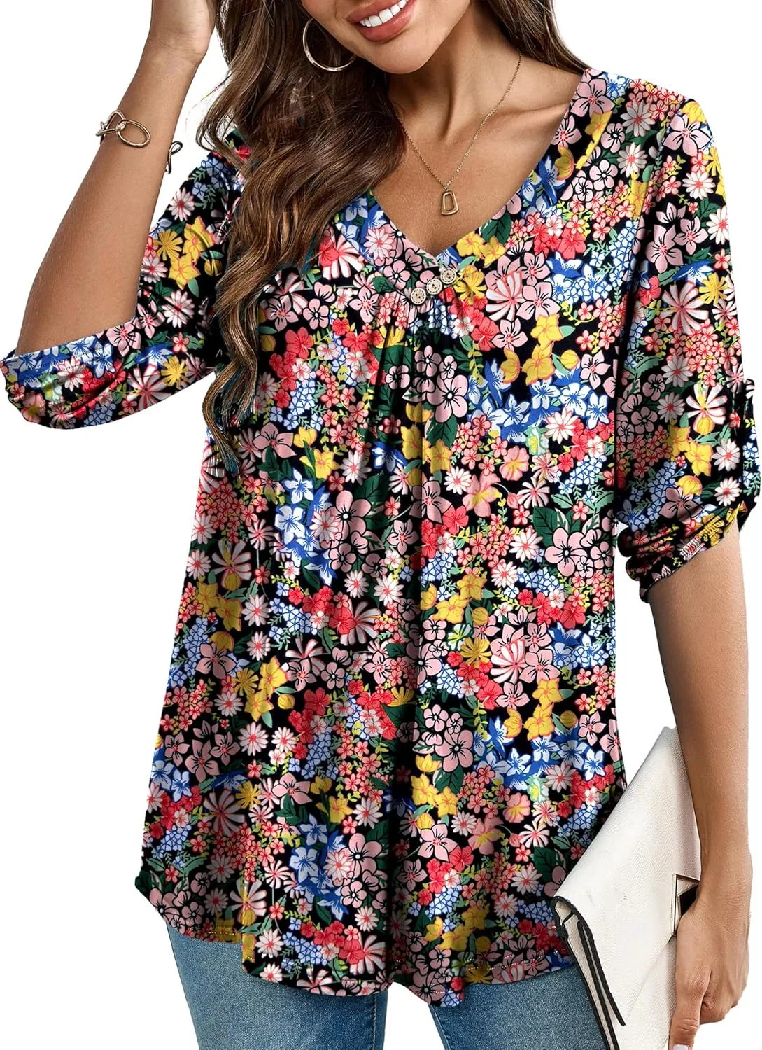 Women's Plus Size 3/4 Roll Sleeve Tops V Neck Casual Soft Blouse M-4X