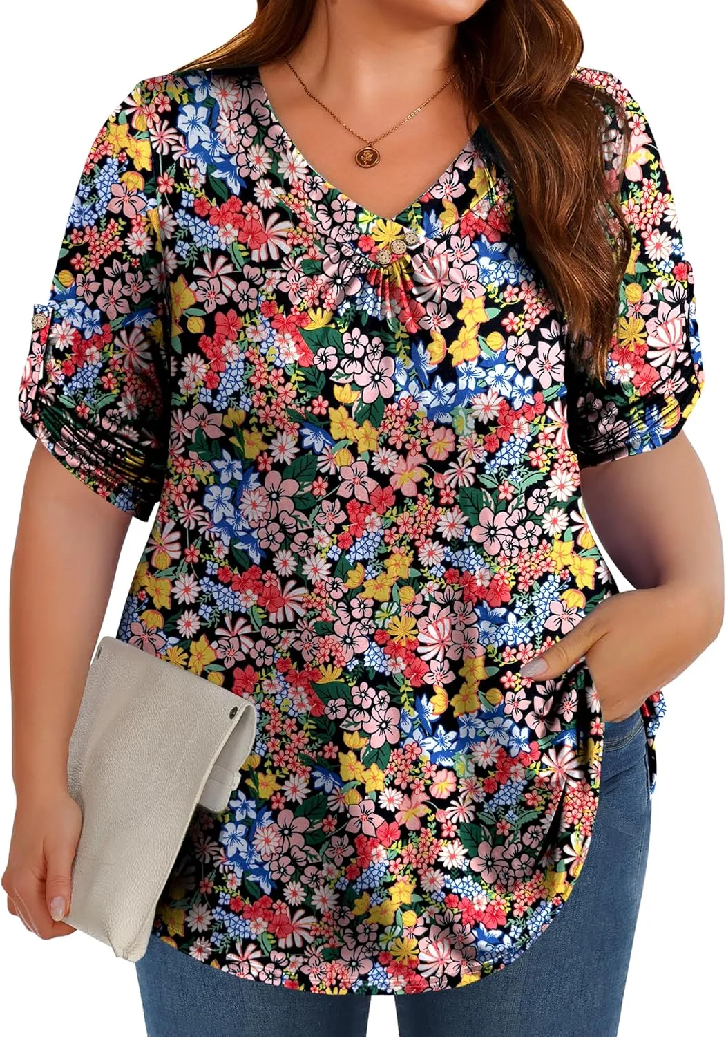 Women's Plus Size 3/4 Roll Sleeve Tops V Neck Casual Soft Blouse M-4X