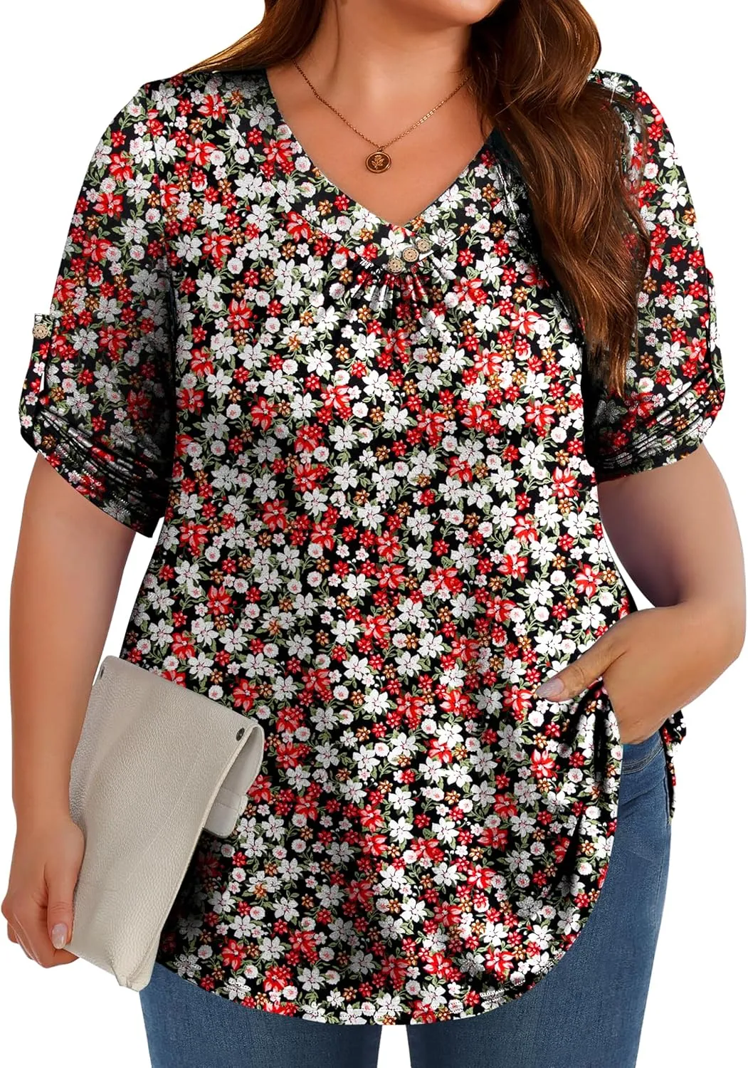 Women's Plus Size 3/4 Roll Sleeve Tops V Neck Casual Soft Blouse M-4X