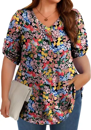 Women's Plus Size 3/4 Roll Sleeve Tops V Neck Casual Soft Blouse M-4X