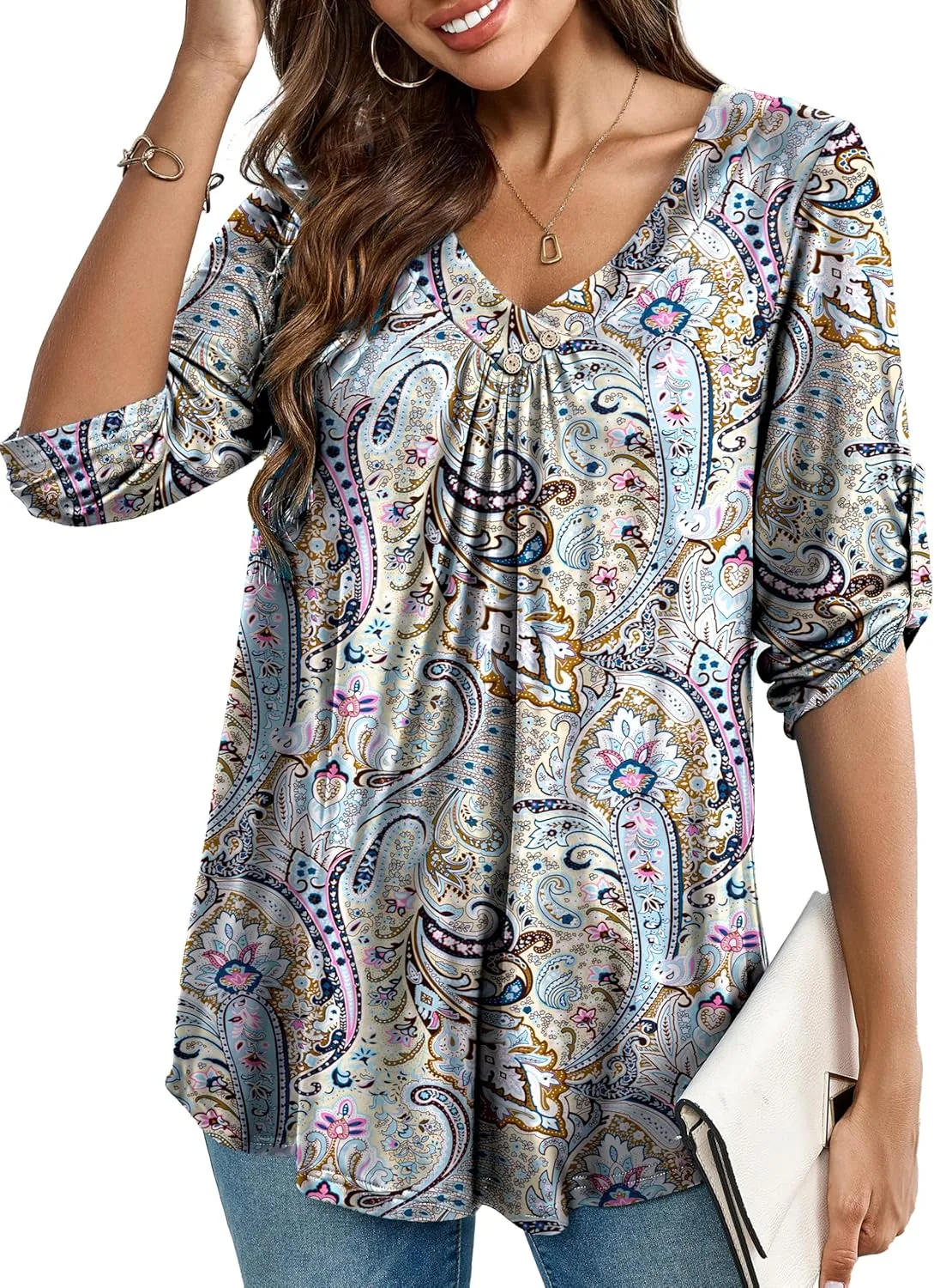 Women's Plus Size 3/4 Roll Sleeve Tops V Neck Casual Soft Blouse M-4X