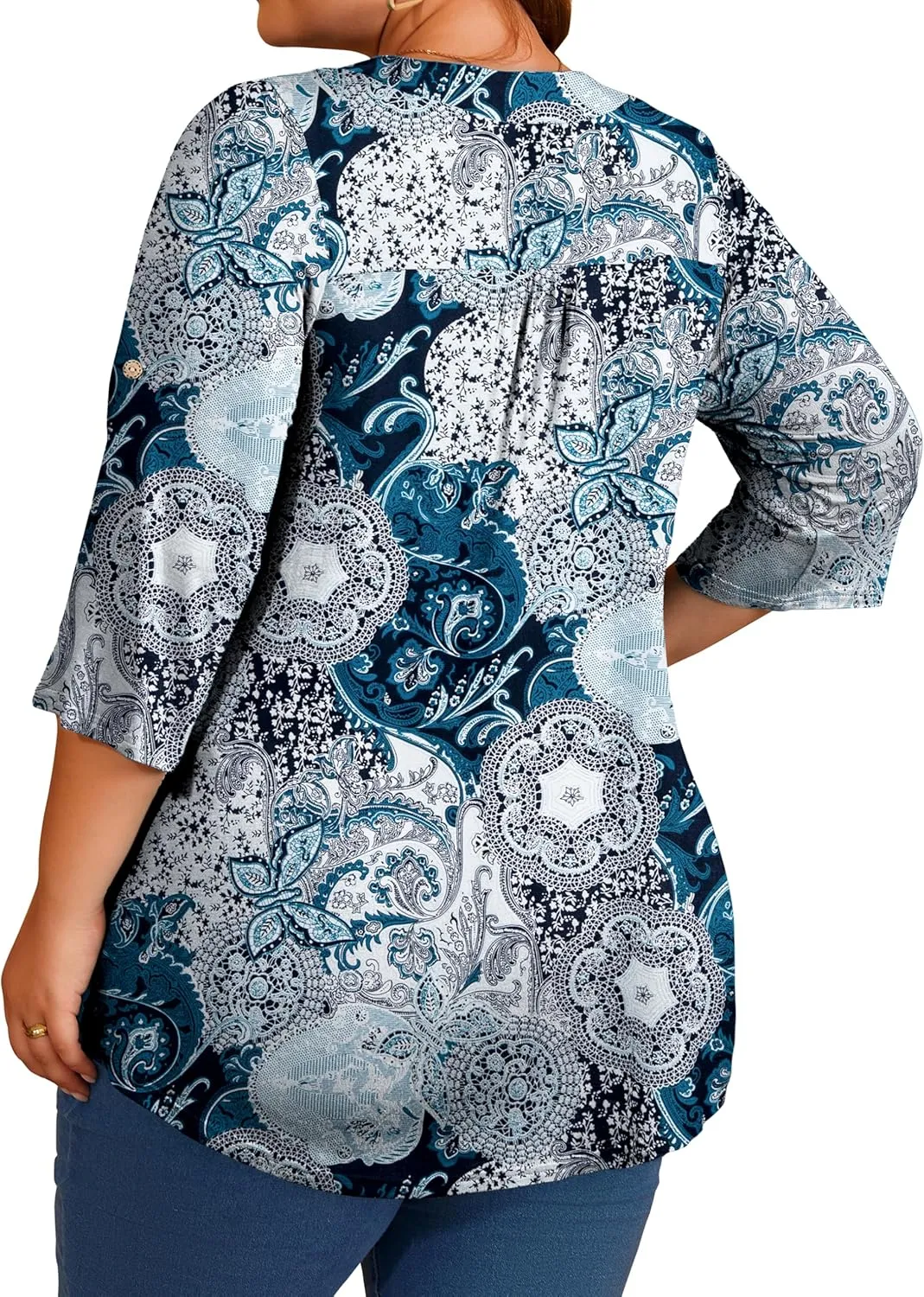 Women's Plus Size 3/4 Roll Sleeve Tops V Neck Casual Soft Blouse M-4X