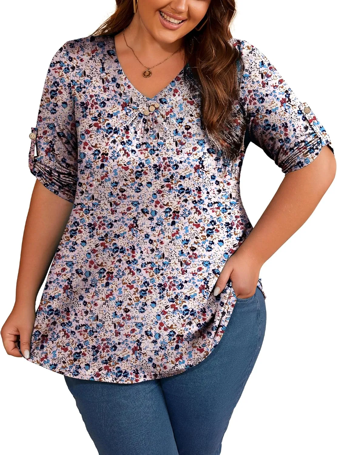 Women's Plus Size 3/4 Roll Sleeve Tops V Neck Casual Soft Blouse M-4X