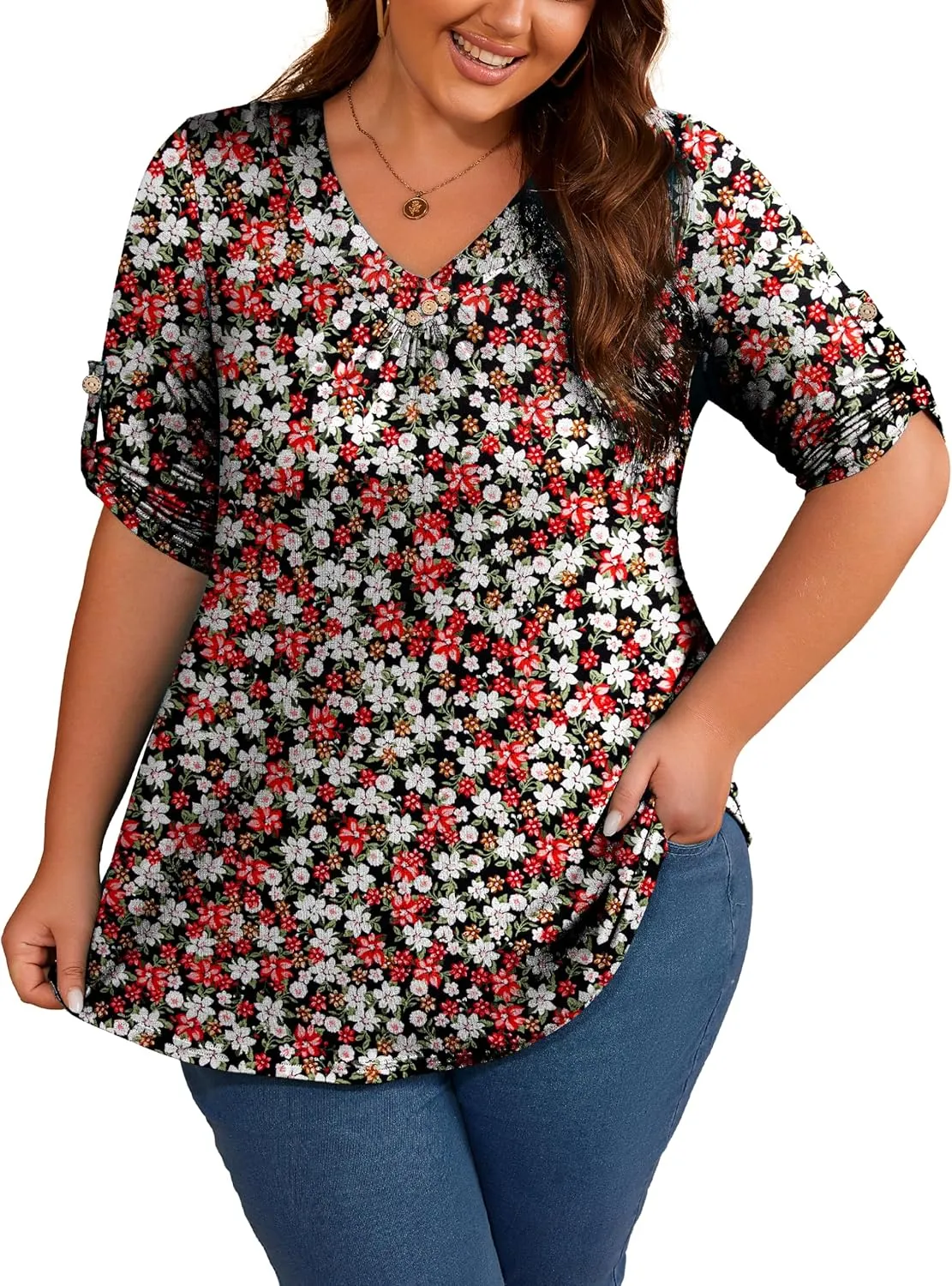Women's Plus Size 3/4 Roll Sleeve Tops V Neck Casual Soft Blouse M-4X