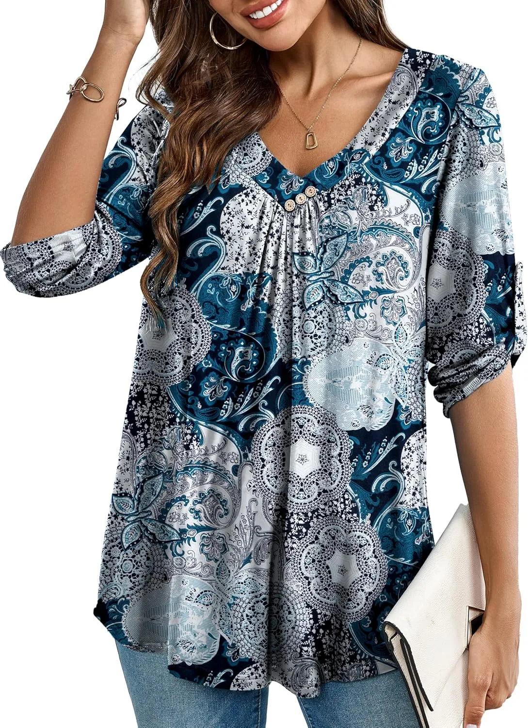 Women's Plus Size 3/4 Roll Sleeve Tops V Neck Casual Soft Blouse M-4X