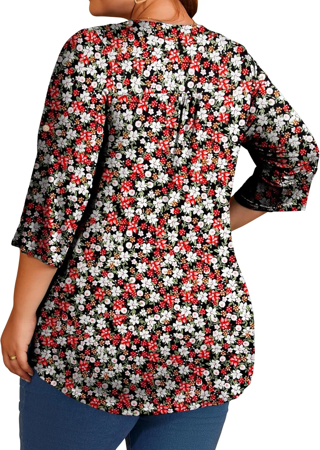 Women's Plus Size 3/4 Roll Sleeve Tops V Neck Casual Soft Blouse M-4X