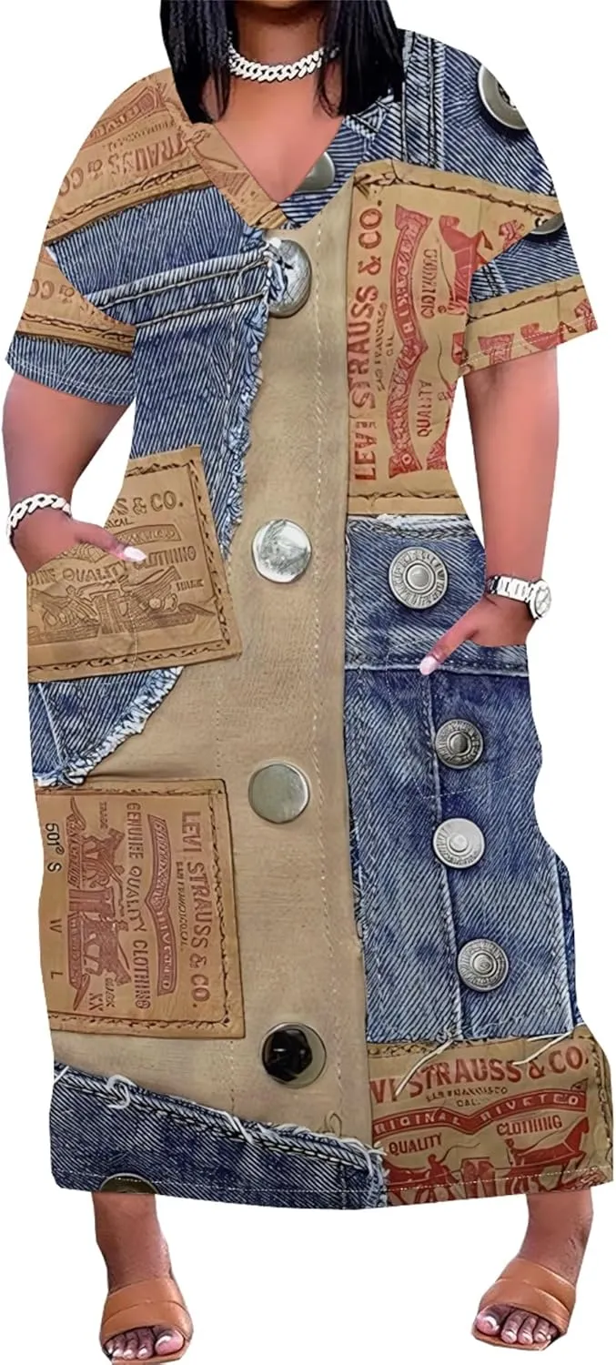 Womens Plus Size Denim 3D Print Fashion Maxi Dresses Casual Soft Tshirt Dress