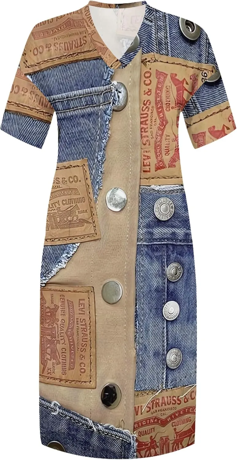 Womens Plus Size Denim 3D Print Fashion Maxi Dresses Casual Soft Tshirt Dress
