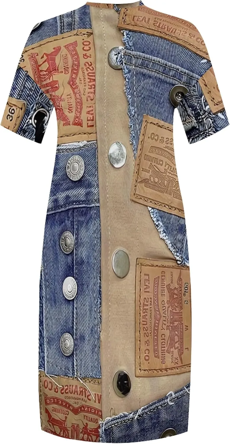 Womens Plus Size Denim 3D Print Fashion Maxi Dresses Casual Soft Tshirt Dress