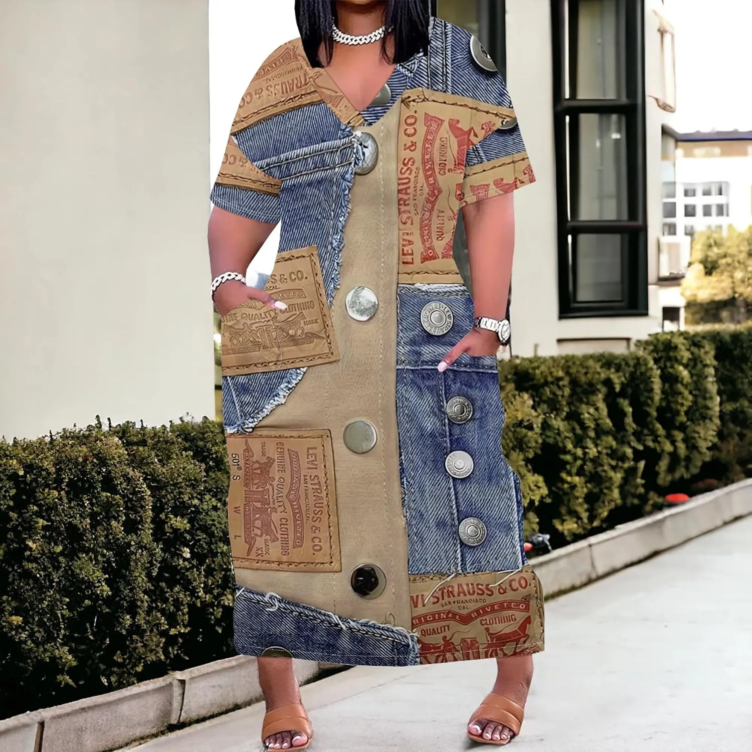 Womens Plus Size Denim 3D Print Fashion Maxi Dresses Casual Soft Tshirt Dress