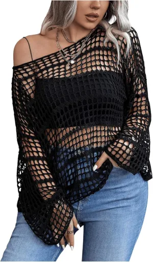 Women's Plus Size Off The Shoulder Tops Flounce Sleeve Hollow Out Crochet Lightweight Pullover Tops