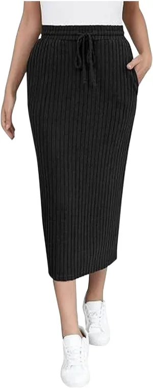 Women's Ribbed Knit Bodycon Maxi Skirt High Waisted Office Pencil Long Skirts Stretchy Mid Length Skirts with Pocket