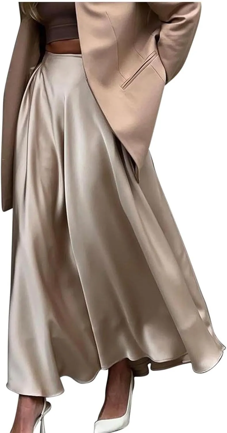 Womens Satin High Waist Elastic Midi Skirt Long Trendy Ruched Solid Color Prom Evening Party Formal A-Line Midi Skirts