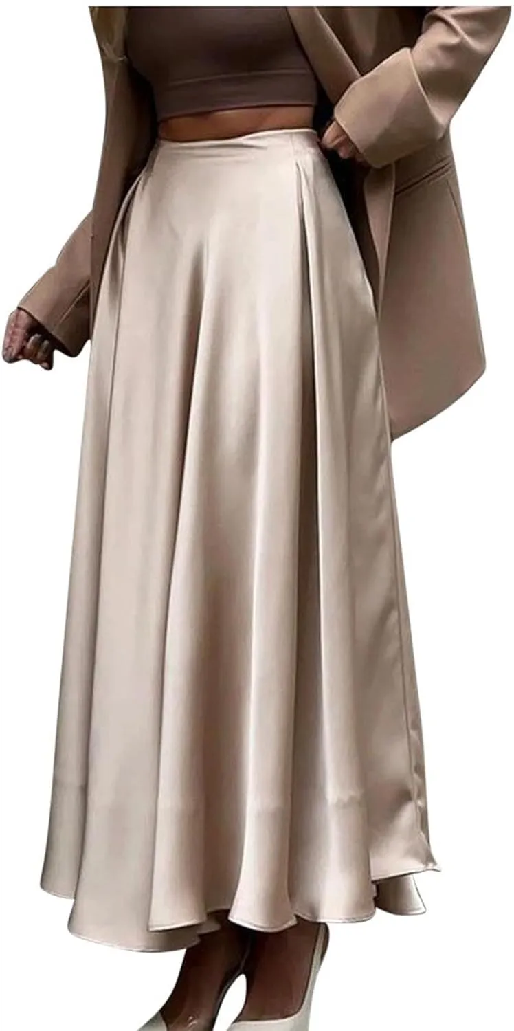 Womens Satin High Waist Elastic Midi Skirt Long Trendy Ruched Solid Color Prom Evening Party Formal A-Line Midi Skirts