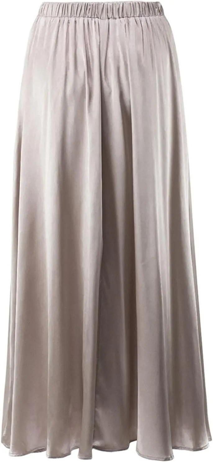Womens Satin High Waist Elastic Midi Skirt Long Trendy Ruched Solid Color Prom Evening Party Formal A-Line Midi Skirts