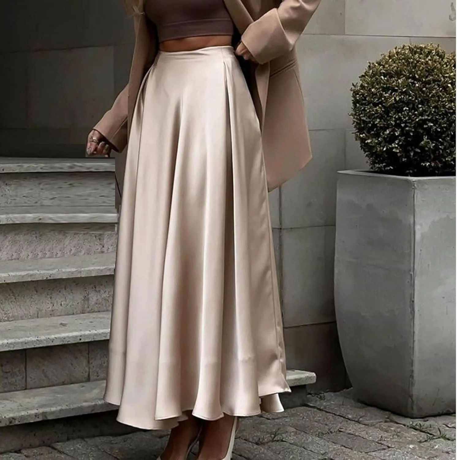 Womens Satin High Waist Elastic Midi Skirt Long Trendy Ruched Solid Color Prom Evening Party Formal A-Line Midi Skirts