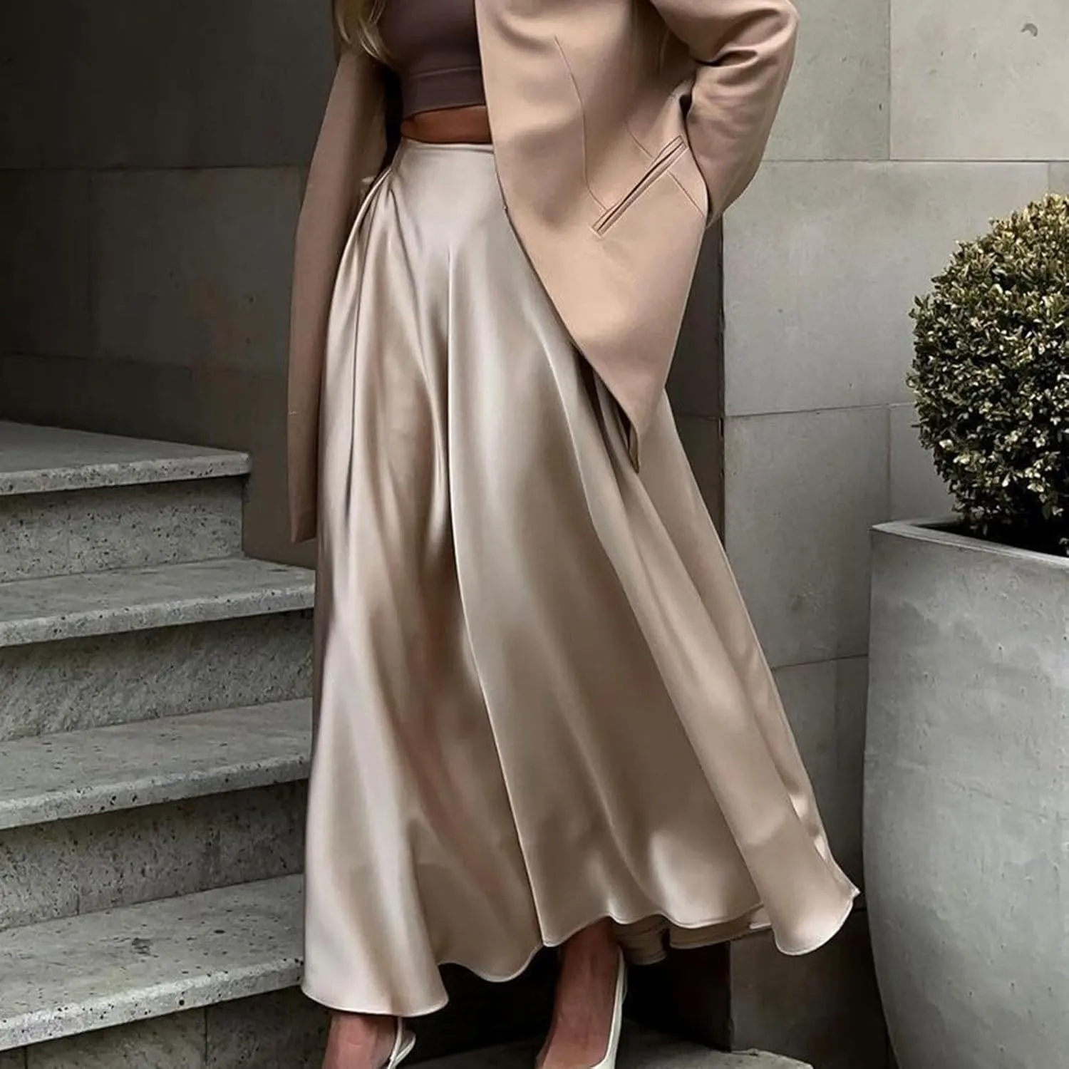 Womens Satin High Waist Elastic Midi Skirt Long Trendy Ruched Solid Color Prom Evening Party Formal A-Line Midi Skirts