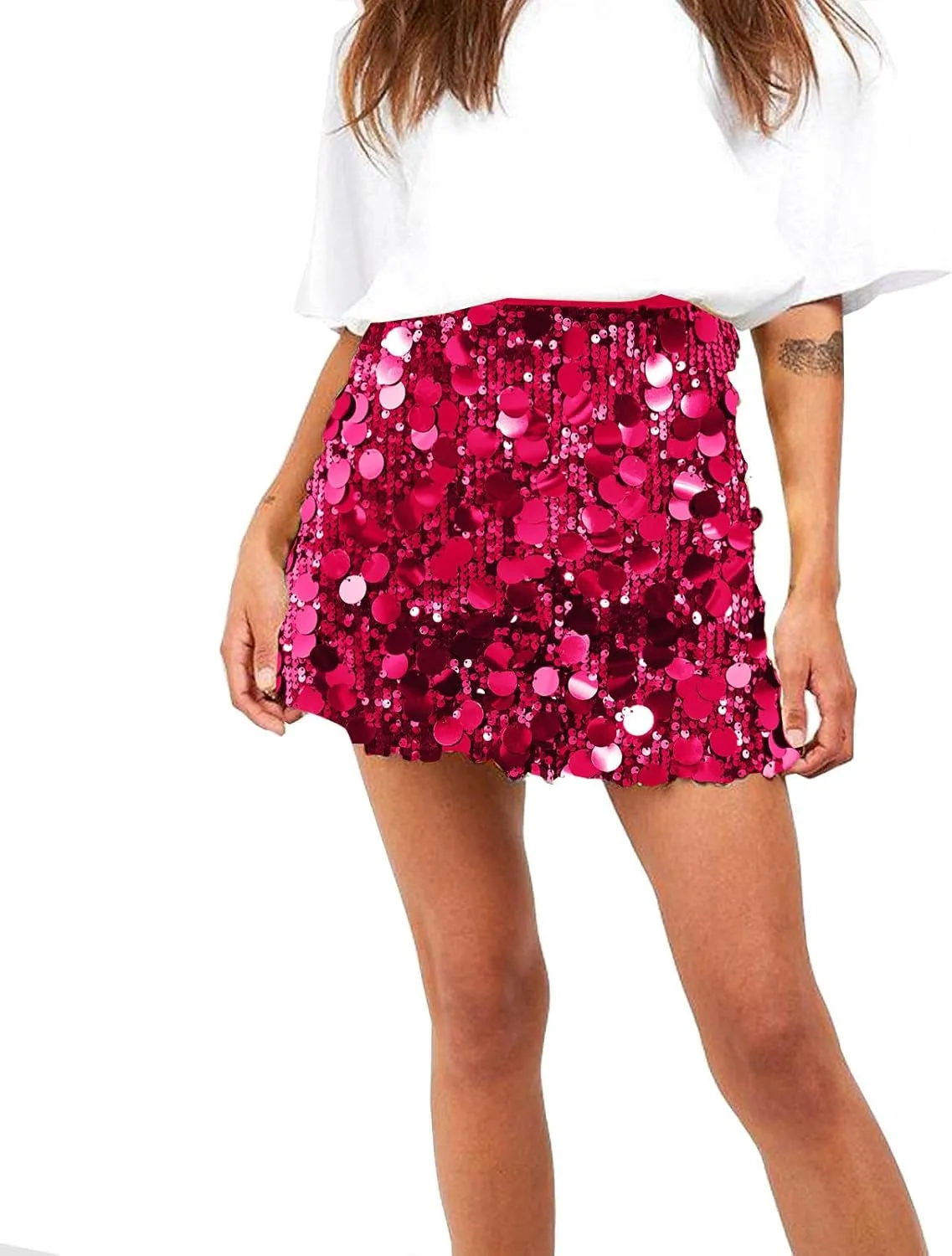 Womens Sequin Skirts Sparkly Glitter Mid-Thigh Length Concert Mini Skirt Shiny Dance Club Rave Party Bodycon Skirt
