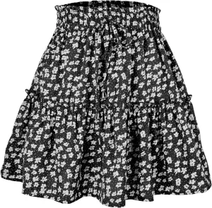 Women's Short Floral Ruffle Chiffon Mini Skirt with Tiered Hem Elastic Drawstring Waist A-Line Swing Beach Dress