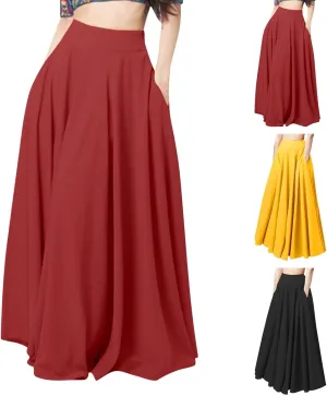 Womens Skirt Solid Color Midi Long Shirring Pleated Skirts High Waisted A Line Skirts Casual Skirt for Women