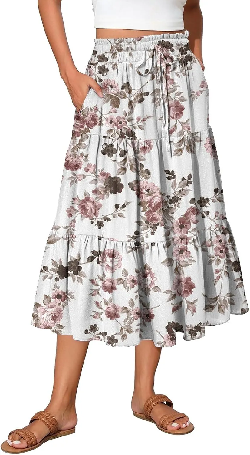 Womens Skirts Midi Length Boho Beach Vacation Flowy Floral Skirt Summer Casual Tiered High Waisted A Line Skirt