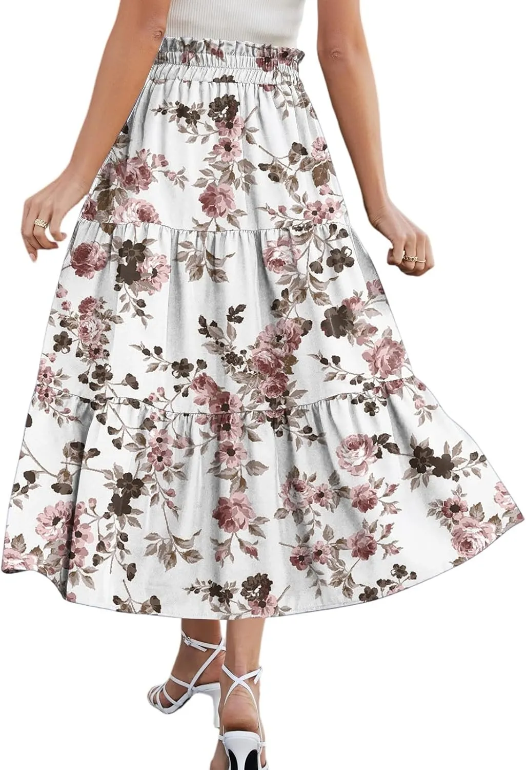 Womens Skirts Midi Length Boho Beach Vacation Flowy Floral Skirt Summer Casual Tiered High Waisted A Line Skirt