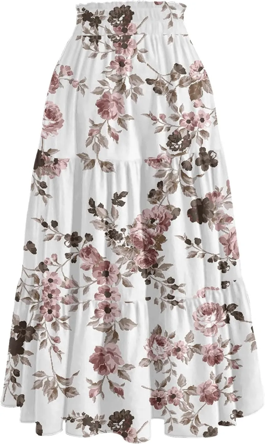 Womens Skirts Midi Length Boho Beach Vacation Flowy Floral Skirt Summer Casual Tiered High Waisted A Line Skirt