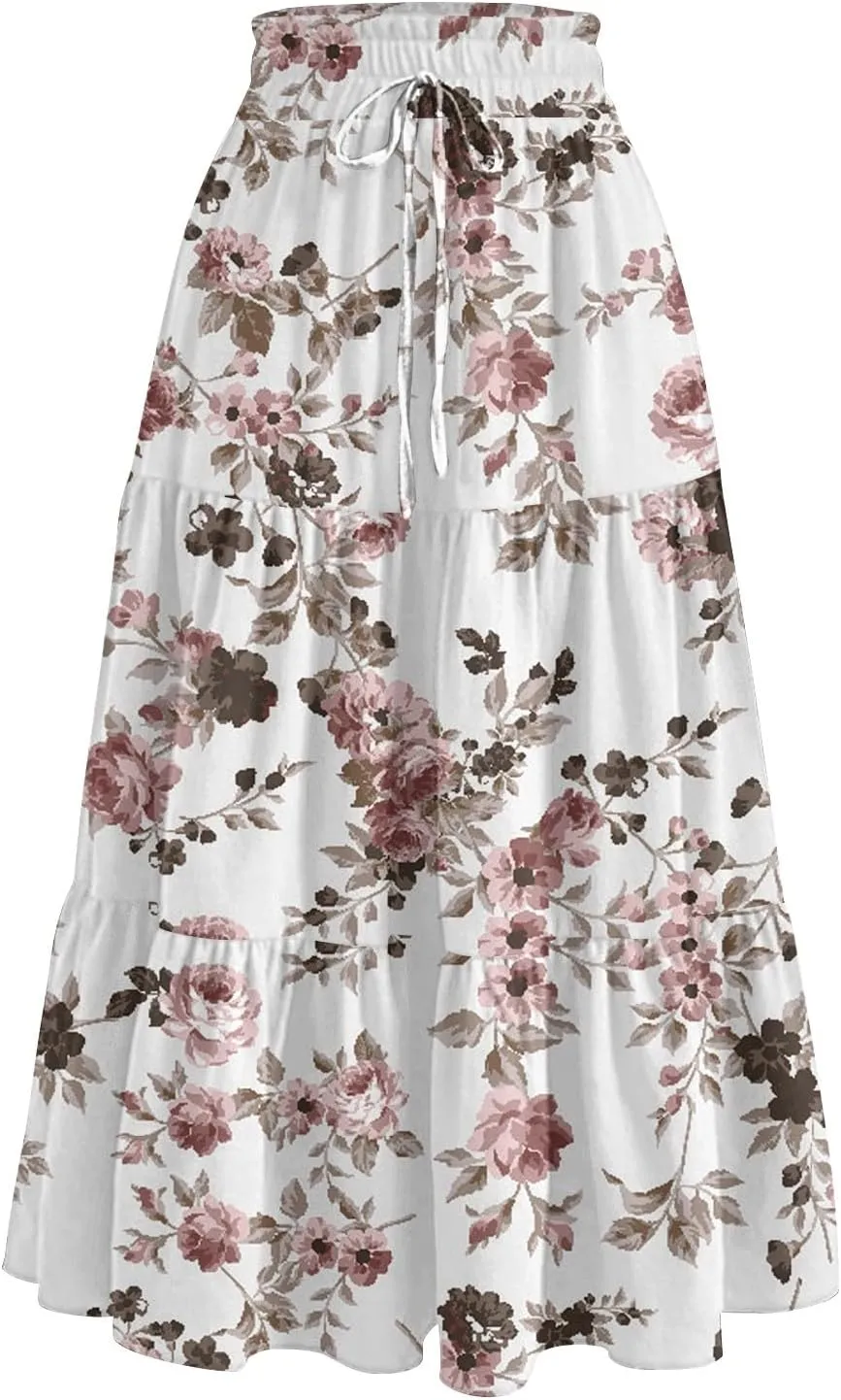 Womens Skirts Midi Length Boho Beach Vacation Flowy Floral Skirt Summer Casual Tiered High Waisted A Line Skirt