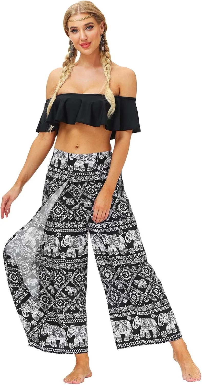 Womens Slit Wide Leg Pants Causal Hippie Bohemian Summer Beach Boho Yoga Pants