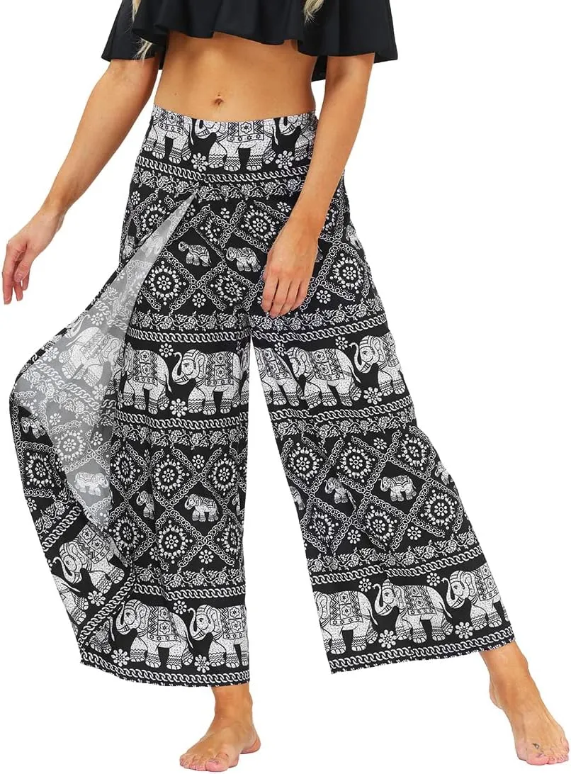 Womens Slit Wide Leg Pants Causal Hippie Bohemian Summer Beach Boho Yoga Pants