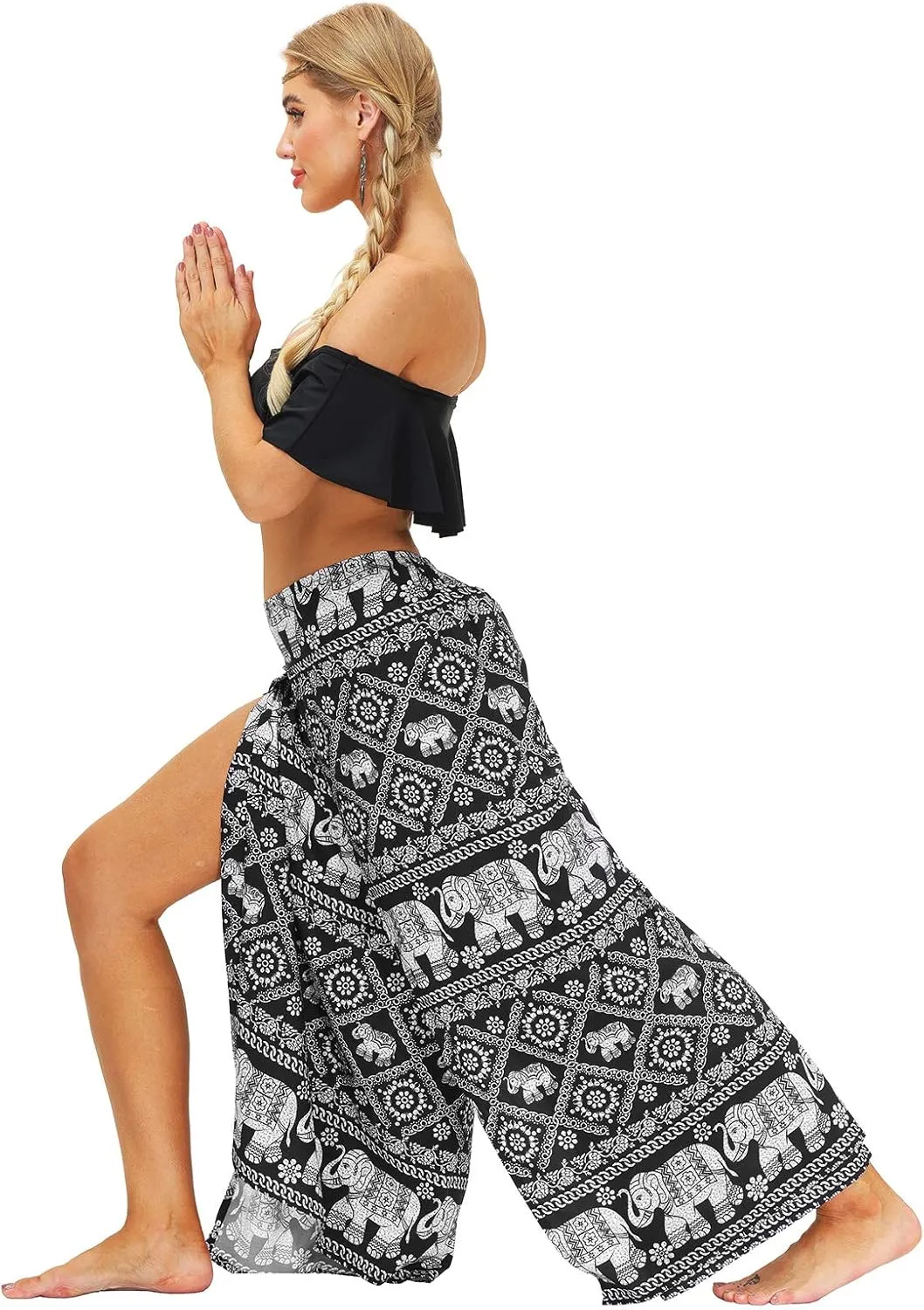 Womens Slit Wide Leg Pants Causal Hippie Bohemian Summer Beach Boho Yoga Pants