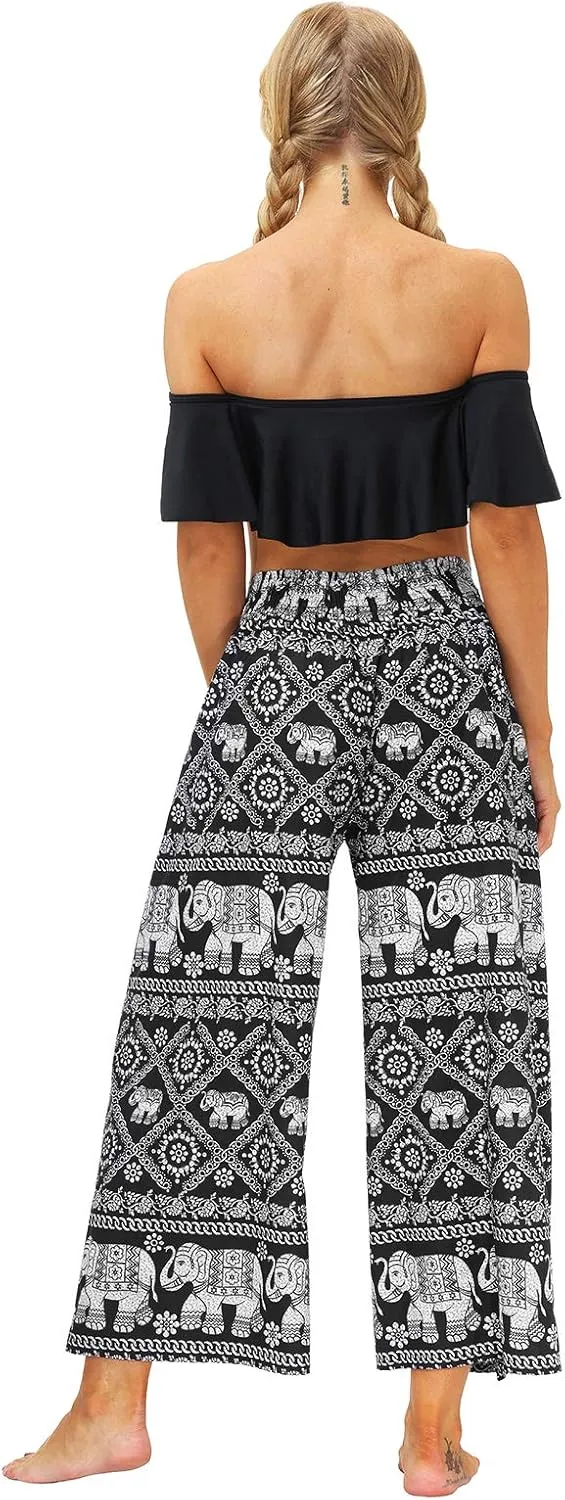 Womens Slit Wide Leg Pants Causal Hippie Bohemian Summer Beach Boho Yoga Pants