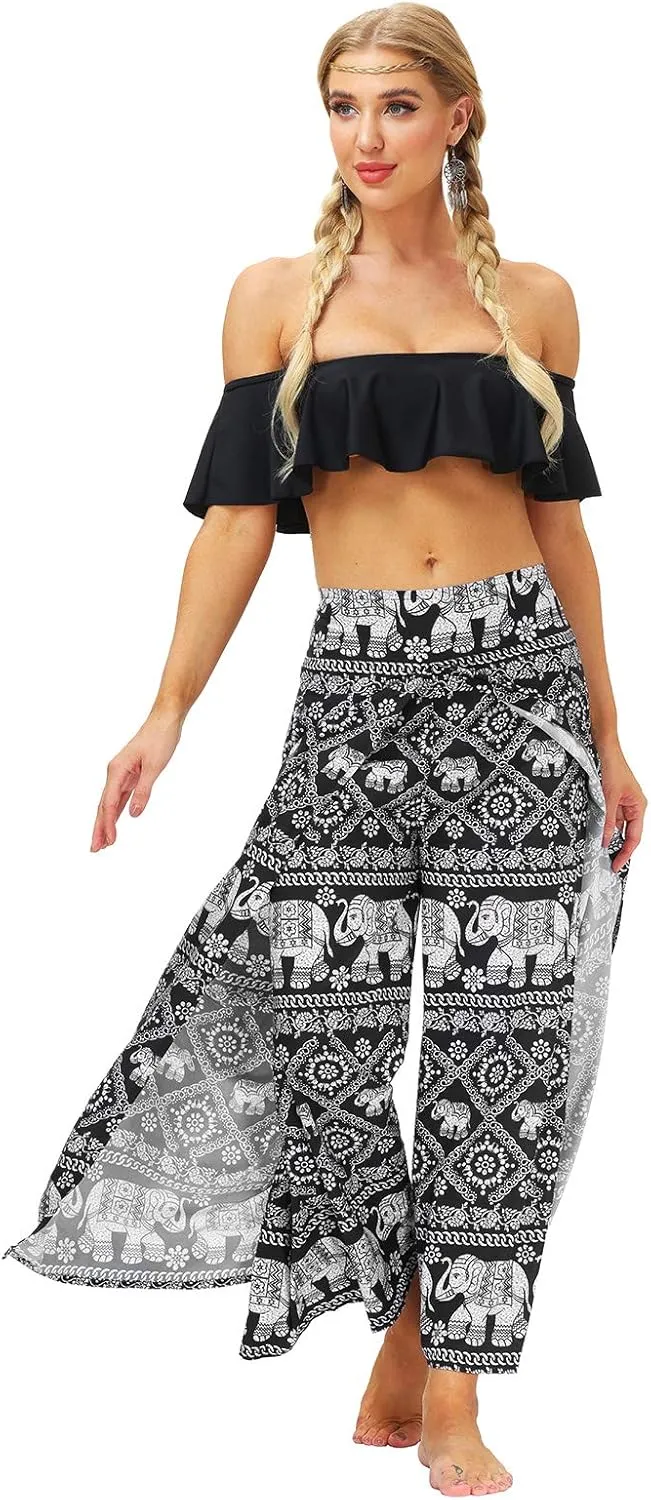 Womens Slit Wide Leg Pants Causal Hippie Bohemian Summer Beach Boho Yoga Pants