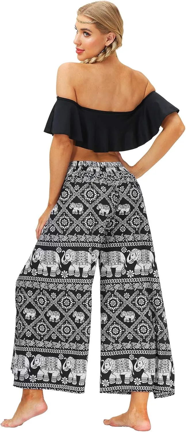 Womens Slit Wide Leg Pants Causal Hippie Bohemian Summer Beach Boho Yoga Pants